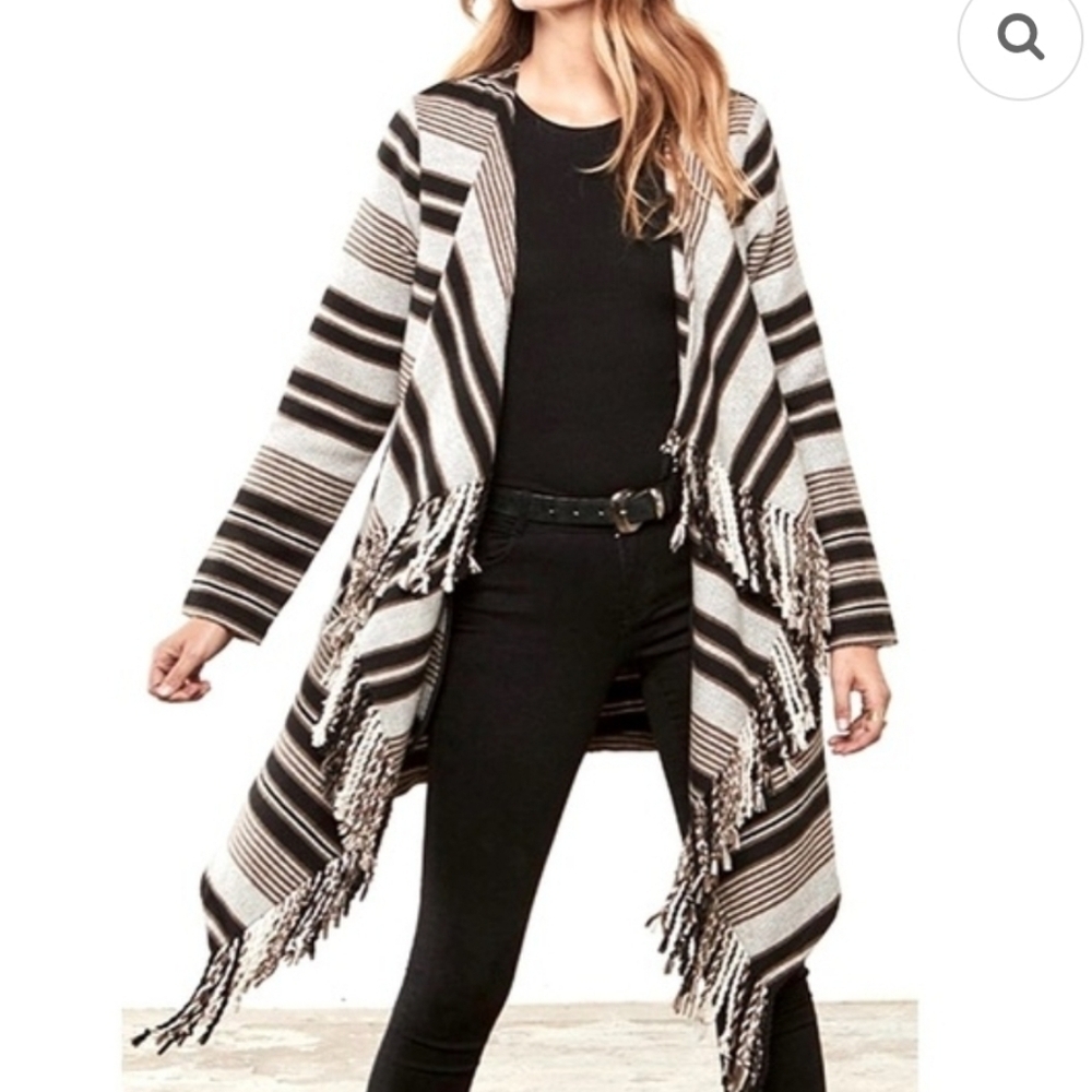 BB Dakota Striped Cardigan Pocho Tie Waist Blanket Jacket Sz Small